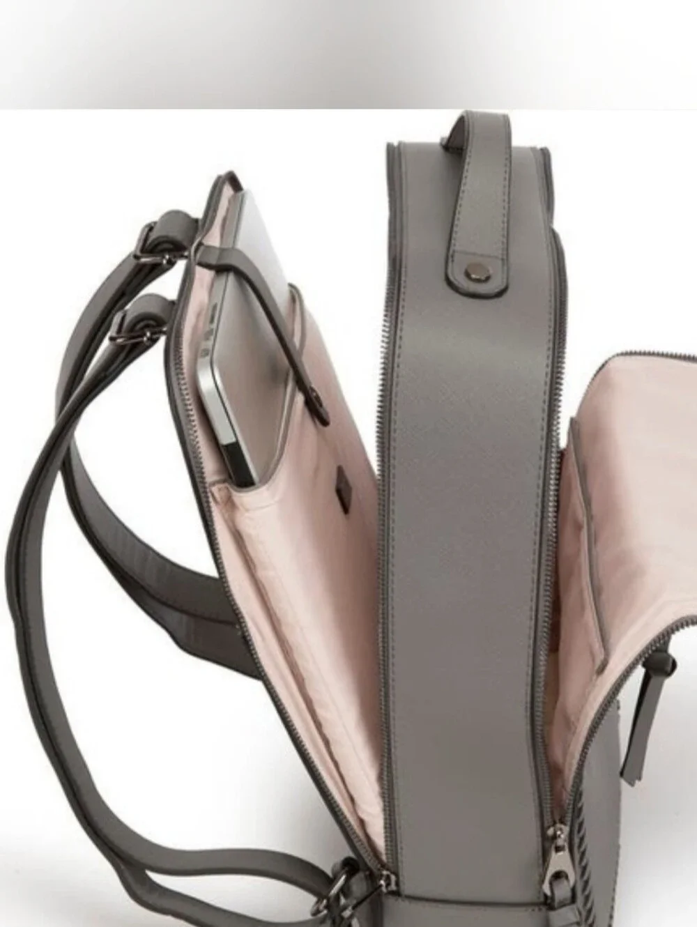 CALPAK Kaya Faux Leather Laptop Backpack Gray Whipstitched Business Travel 15